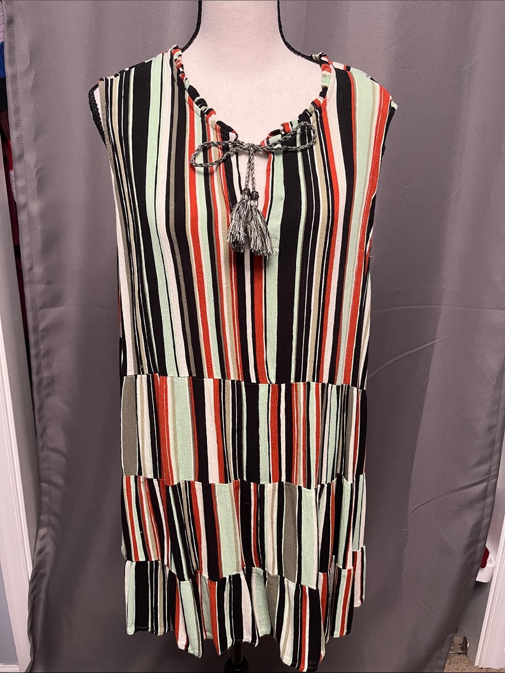 Ruby Rd. Sleeveless Striped Tassel Mini Dress in Mint, Black & Coral